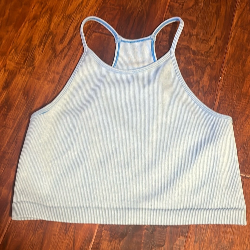 Revival Brushed Washed Light Blue Racer Back Ribbed Crop Tank Top. Size S/M.